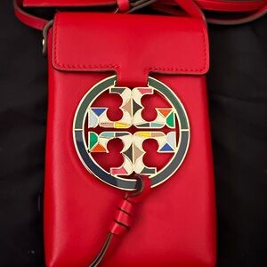 Tory Burch Red Leather Crossbody Phone Pouch with Gold Logo